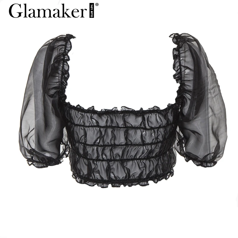 Glamaker прозрачный сетчатый топ с оборками и квадратным вырезом, женский летний сексуальный пышный нарукавный инструмент, топ на бретельках, женский черный клубный верх