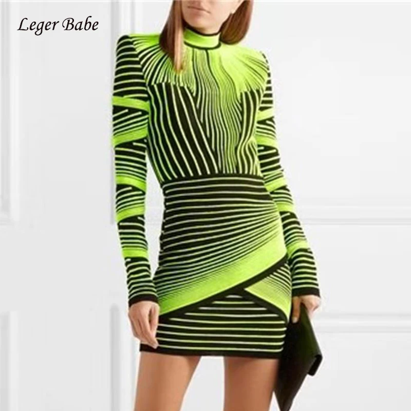 Новое модное Полосатое женское Бандажное платье зеленое серое с длинным рукавом