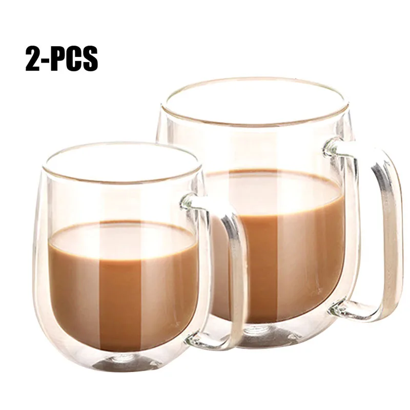 2 pcs 2 шт., термостойкие кофейные кружки с двойными стенками для влюбленных пар, Короткие стеклянные Изолированные чашки для молока, чая, стеклянные кружки для напитков для дома и семьи - Цвет: 2 pcs