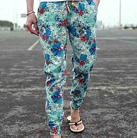 2015 new stylish men's drawstring cotton Pants Men's print full length pants beach style plus size 28-36 | Мужская одежда