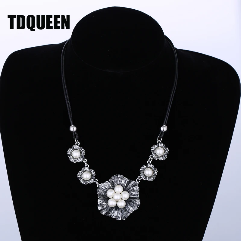 TDQUEEN античный металл серебристого цвета цветок жемчуг кулон новое ожерелье