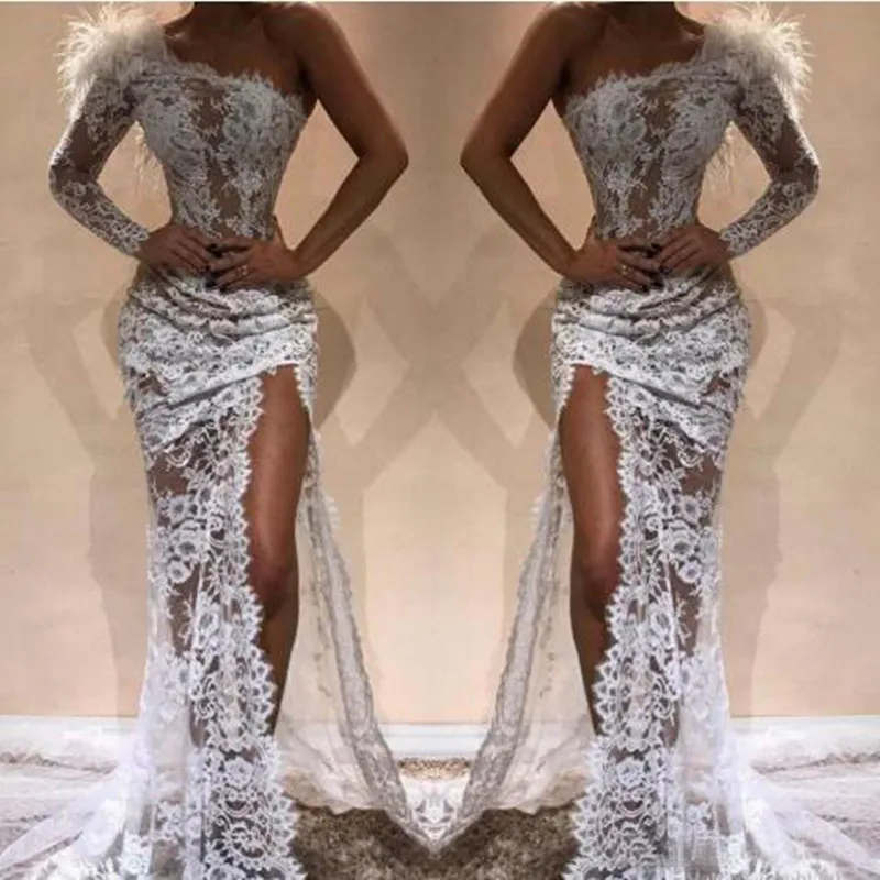

New Arrival One shoulder Mermaid Evening Formal Dresses 2019 Elegant White Lace Feather Long Prom Gowns High Slit robe de soiree