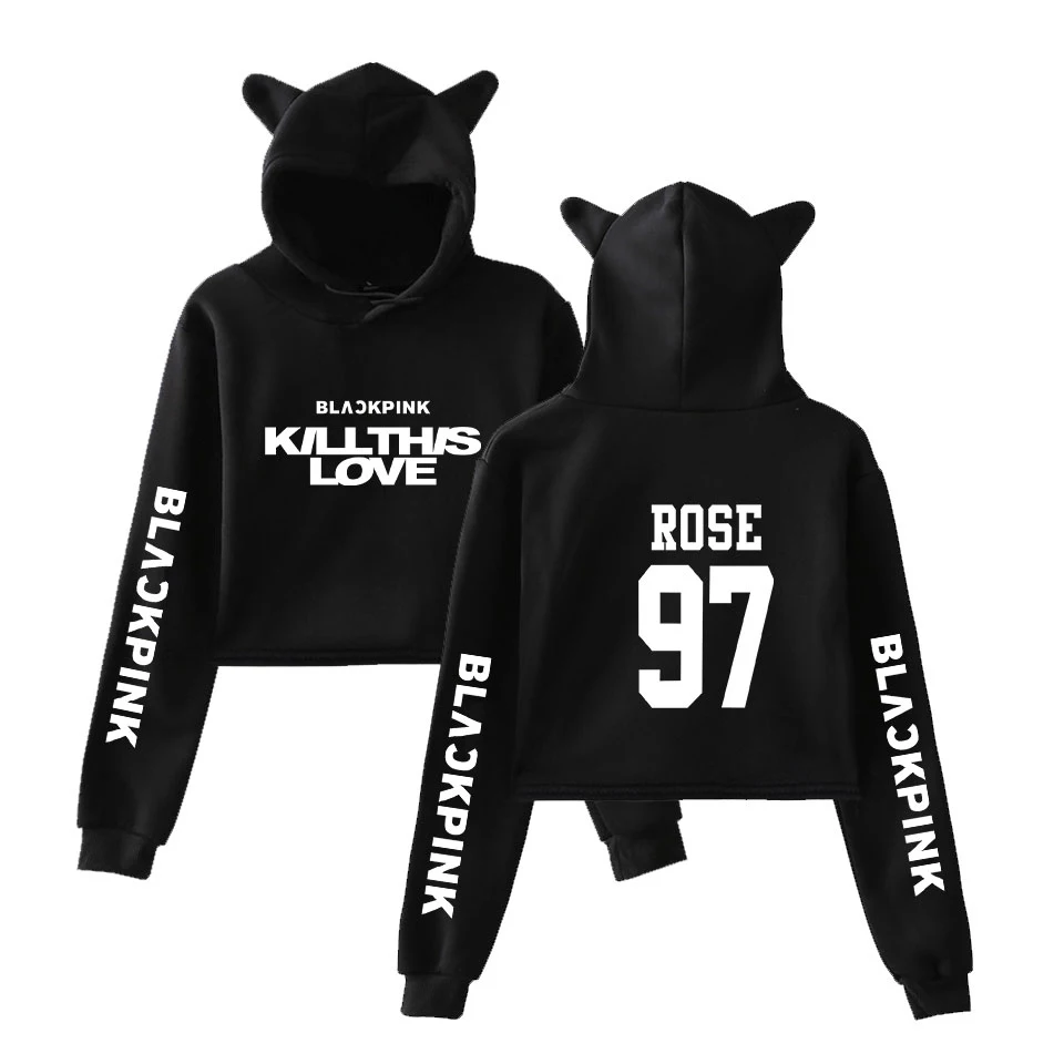 KILL THIS LOVE черные розовые женские укороченные толстовки с капюшоном с длинным рукавом и рисунком кота Новое поступление, горячая распродажа, новая модная уличная одежда