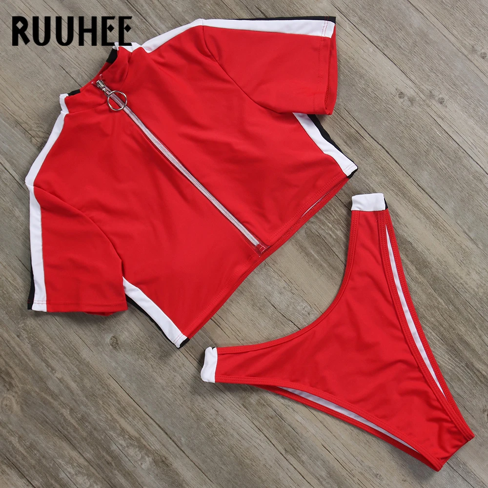 RUUHEE, короткий рукав, бикини, купальник для женщин, спортивный купальник, топ, Бразильский бикини, набор, на молнии, пляжная одежда, купальный костюм с высокой посадкой