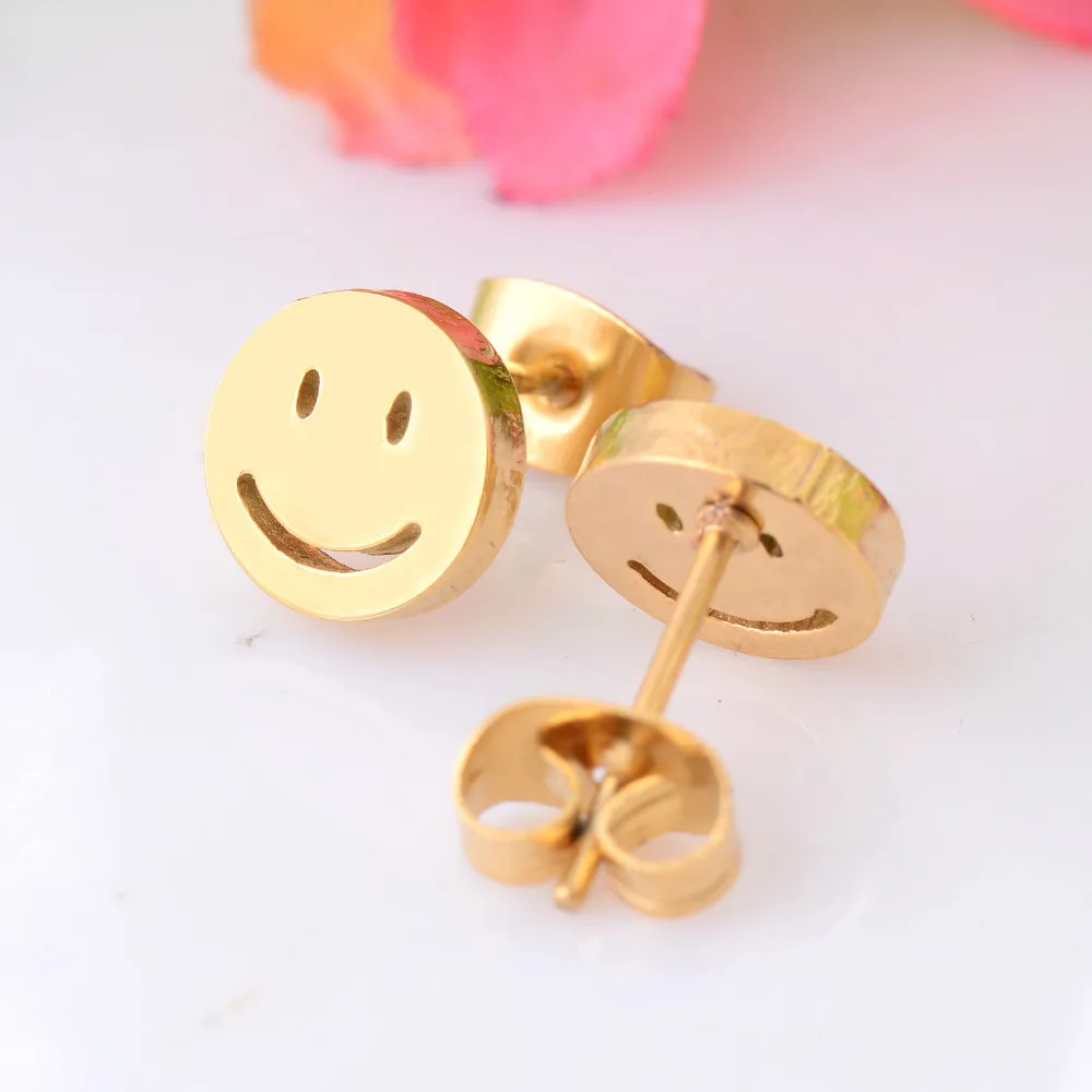 Высококачественные серьги гвоздики из нержавеющей стали со смайликом золотого