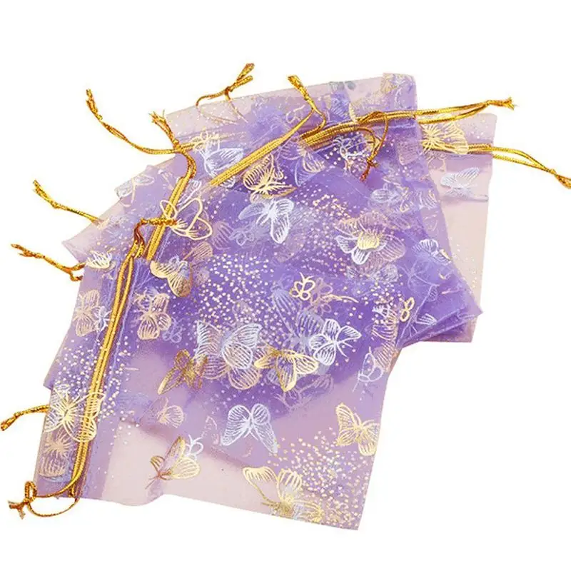 

100pcs Purple Butterfly Print Gifts Bags Jewelry Packing Drawable Organza Bags For Wedding Party Gift Bags Pouches 10x12cm