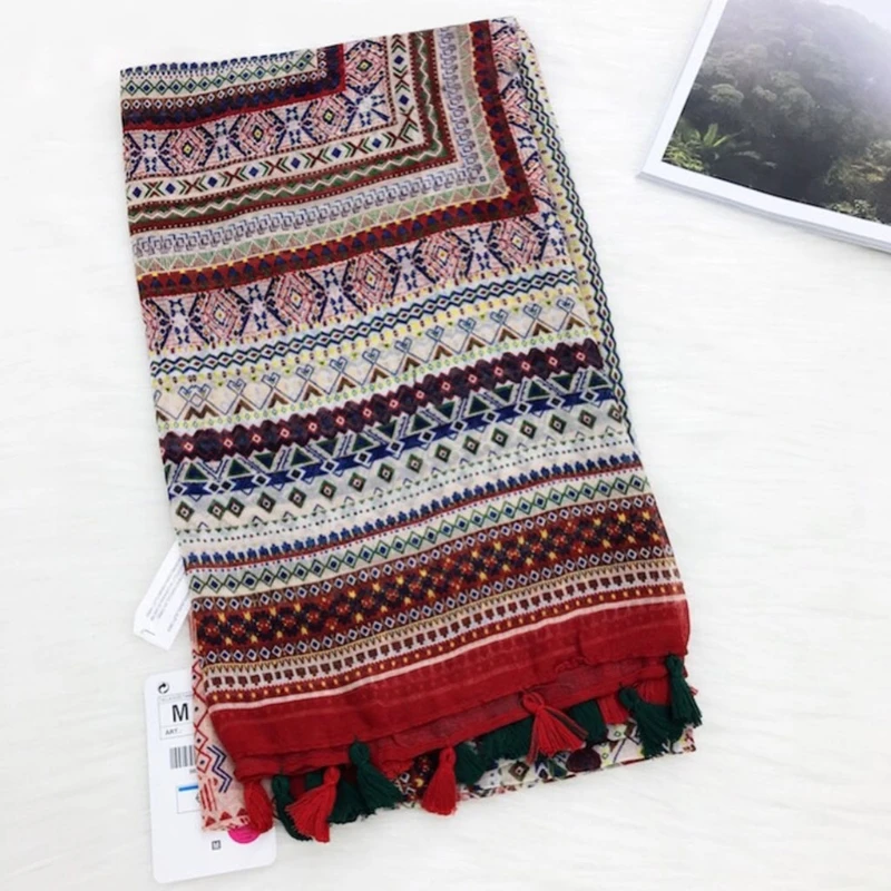 Женская этическая геометрическая шаль с кисточками хиджаб из пашмины элегантный