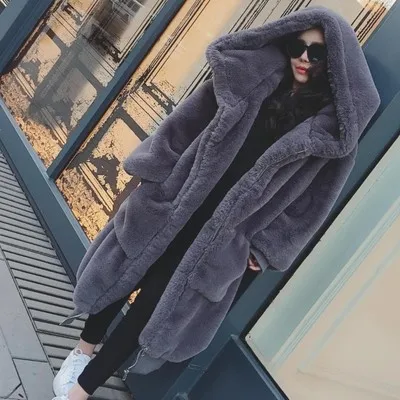 New Womens Winter Faux Rabbit Fur Jackets Hooded Casual Winderbreaker Female  Faux Fur Outwear Large size Fake Fur Clothes