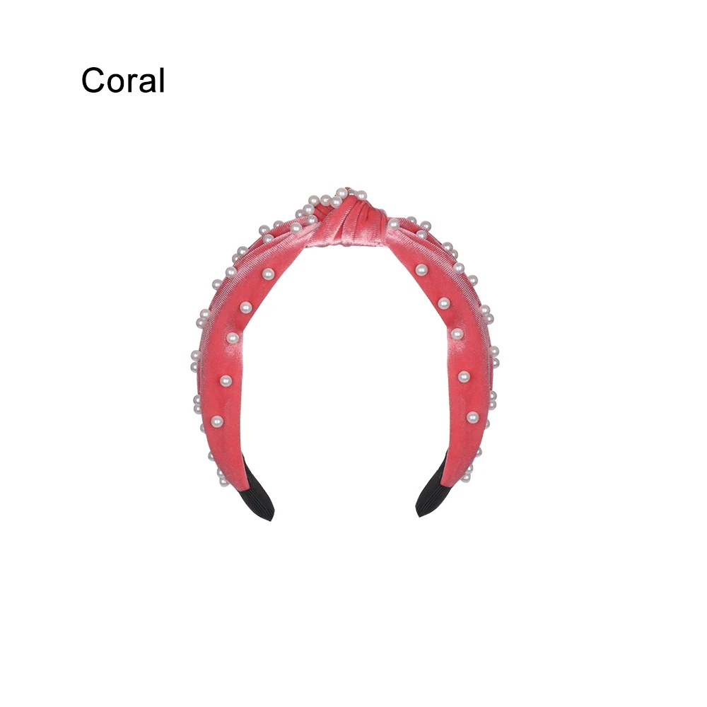 Coral Богемский сплошной цвет мягкий бархат центр вязать широкая повязка с жемчугом обруч на волосы, завязанный бантом аксессуары для волос Инструменты для укладки - Цвет: Coral
