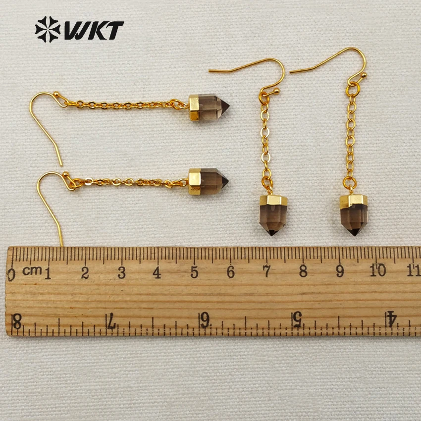 

WT-E389 Wholesale Smokey Quartz Earrings Plating 24K Gold Fashion Cylinder Cone Shape Quartz Earrings Jewelry For Women Gift