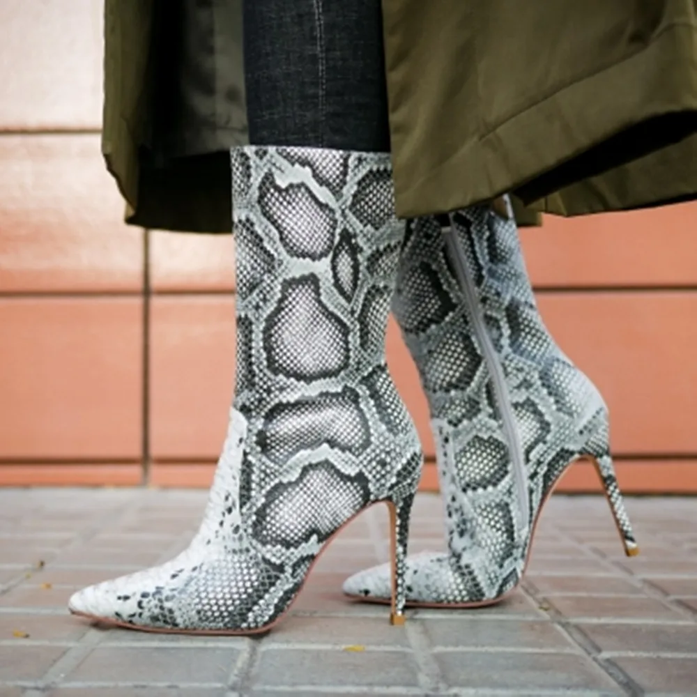 

Roni Bouker Sale Women's Mid Calf Shoes Woman's Snake Print Winter Autumn High Heels Woman Zipper Boots Women Fashion Heel Shoe