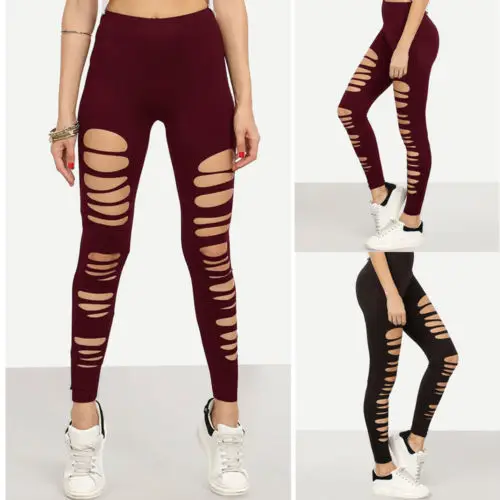 Для женщин эластичные Ripped Slim Fit узкие брюки леггинсы обтягивающие Повседневное