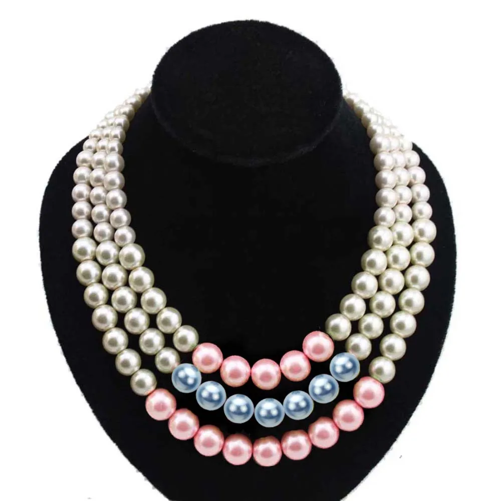 Pink W Blue На заказ, многослойные жемчужные бусы, женское ожерелье, серьги, ювелирный набор, три нити, розовый, зеленый, бисерное жемчужное ожерелье - Окраска металла: Pink W Blue