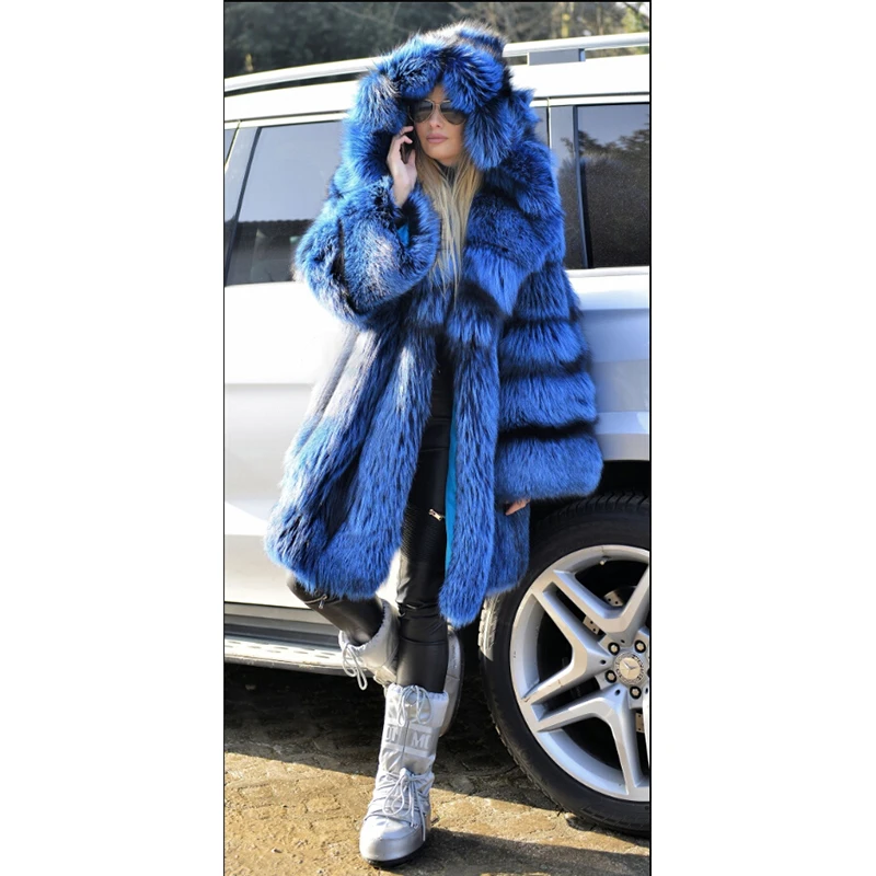 Женская шуба из натурального Лисьего меха TOPFUR теплая толстая зимняя с капюшоном