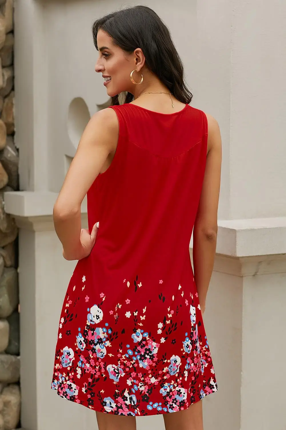 

Floral Print Tank Dress Women Summer Off Shoulder Sleeveless T Shirt Beach Dress Pleated Short A-Line Dresses Ladies Robe
