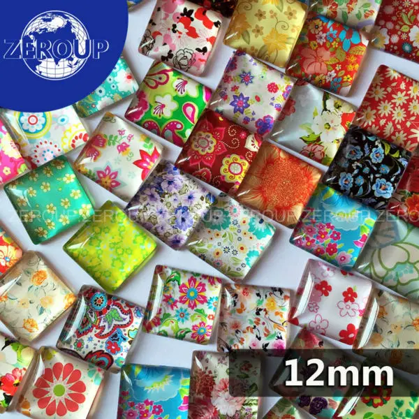 

50pcs/lot 12mm clear square glass cabochon floscule pattern mixed color fit cameo base setting