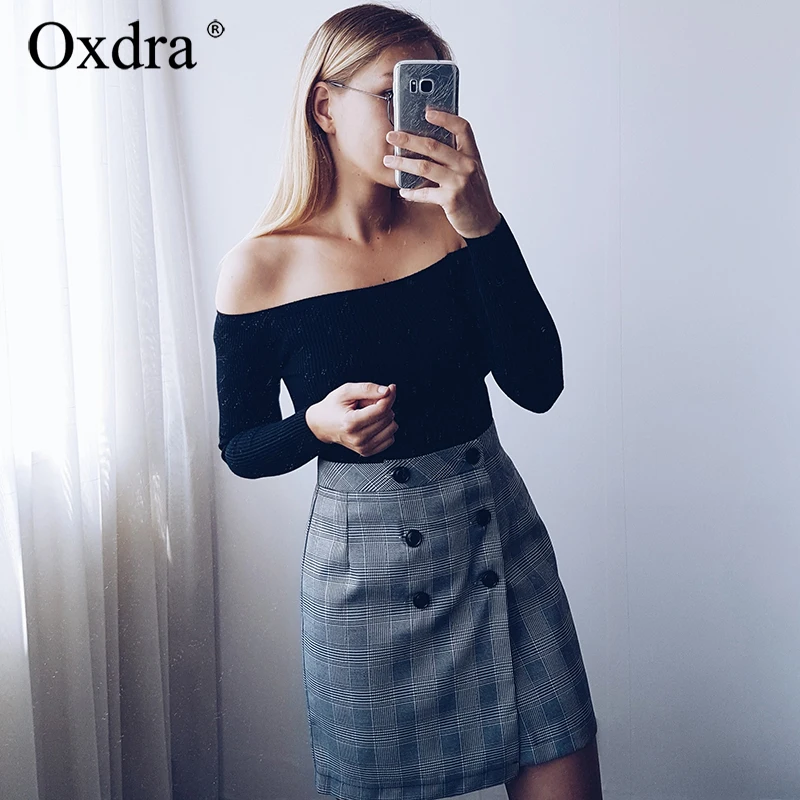 Oxdra 2018 Для женщин Весна-осень-зима классические клетчатые юбки модные и пуговицы
