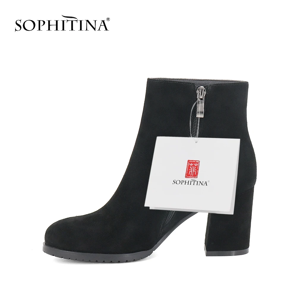SOPHITINA New Women' s Ankle Boots Elegant Round Toe High Heels Sheepskin Shoes Quality Warm Short Plush Party M80 | Обувь