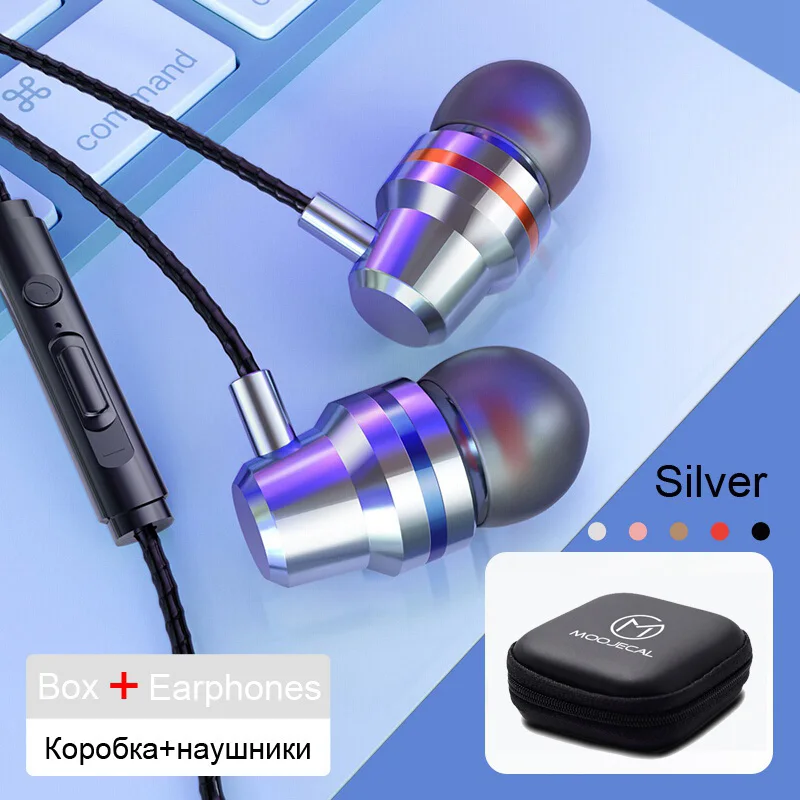 Silver with Box MOOJECAL в ухо Проводные 3,5 мм наушники музыкальные наушники для Xiaomi samsung Iphone смартфон с микрофоном Проводная гарнитура - Цвет: Silver with Box