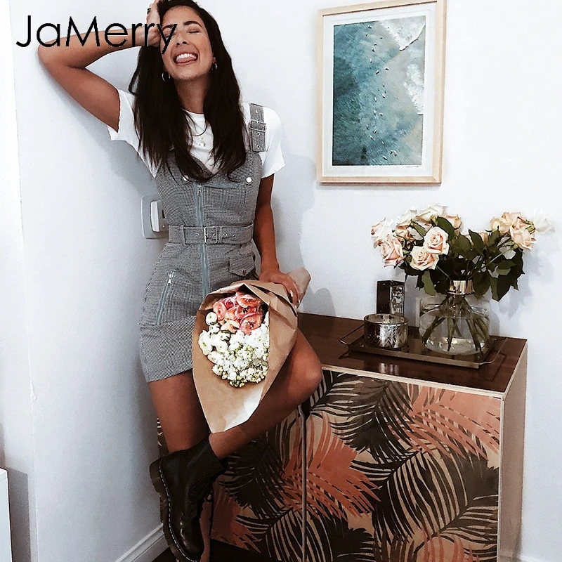 JaMerry сексуальное клетчатое модное короткое платье на бретелях женское мини с