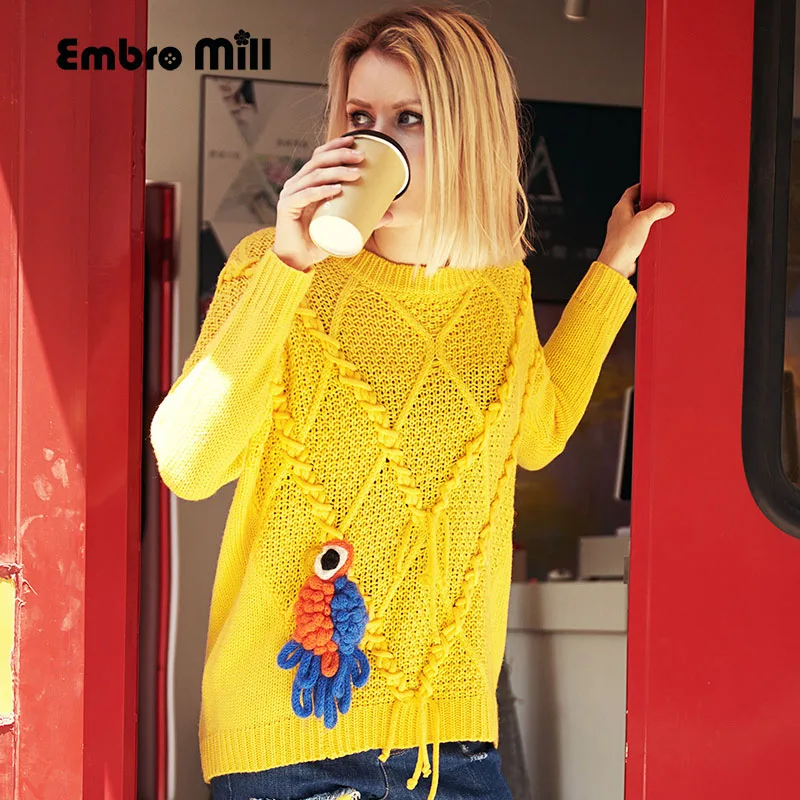 Royal embroidery flower sweater autumn women oversized sweaters and pullovers lady yellow loose Christmas pull female | Женская одежда