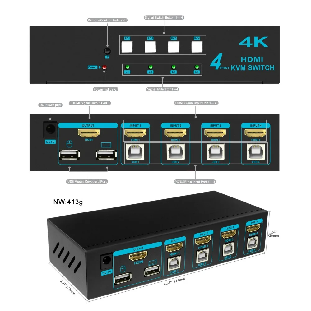 KVM-переключатель 2x1 4K HDMI USB 2 порта HDMI-переключатель 4x1 порт поддержки Ultra HD с