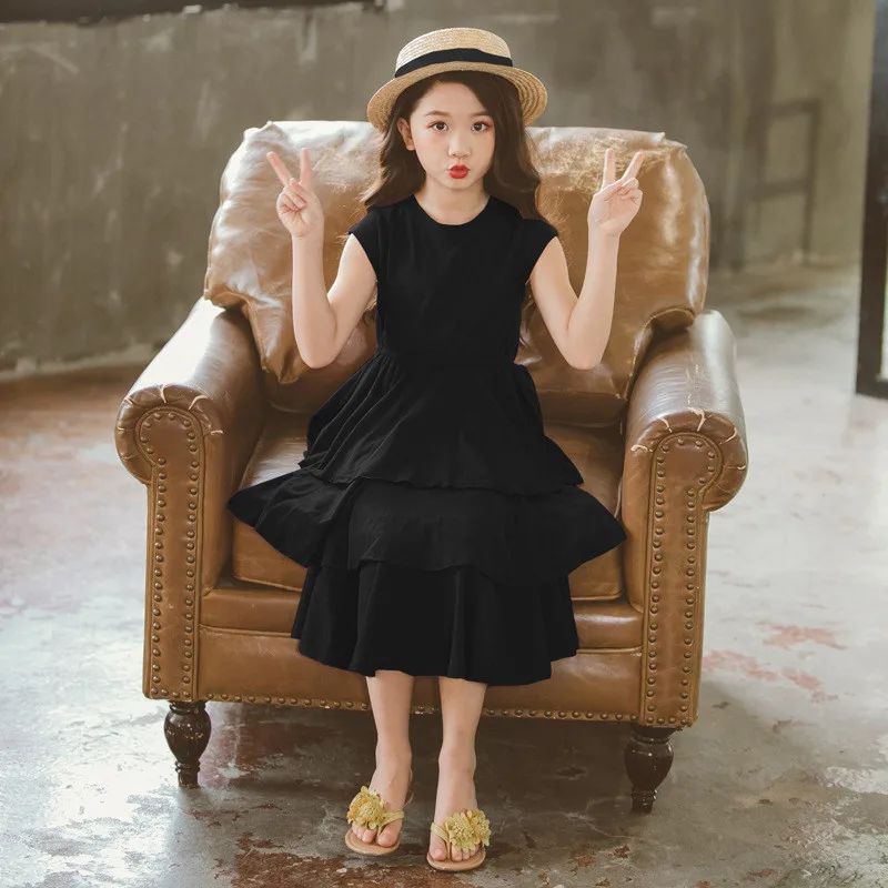 4 to 16 years kids &amp teenager girls solid black layered ruffle flare long dress children fashion summer casual maxi dresses | Детская