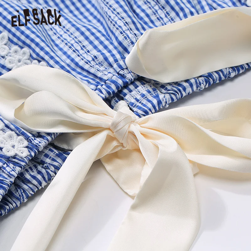 Женская рубашка с бантами на плечах ELF SACK голубой хлопковый топ котоновая