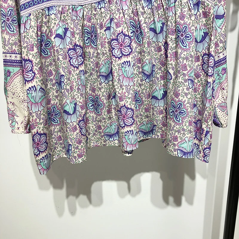 BOHO вдохновленная блуза Boho с цветочным принтом, с длинным рукавом и О-образным вырезом, богемные свободные женские топы, повседневные шикарные весенне-летние блузки