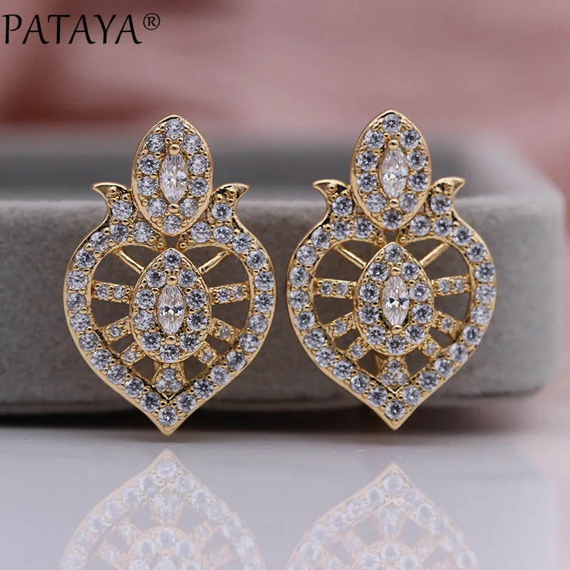 PATAYA New Wedding Luxury Hollow Dangle Earrings 585 Rose Gold Horse Eye White Natural Zircon Women Lovely Cute Fashion Jewelry | Украшения
