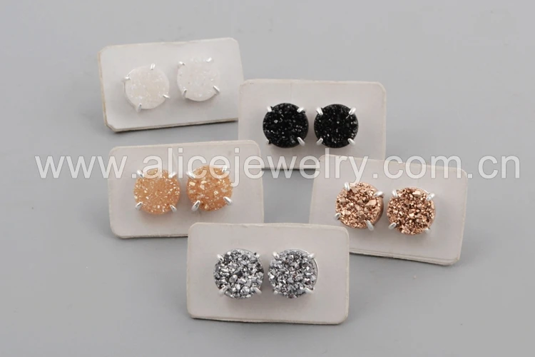 5Pairs Mixed Colors BOROSA 5 пар Мода 10 мм круглый серебряный коготь титан радуга натуральный кулон agates Druzy серьги гвоздики ювелирные изделия как подарок ZS0132 - Окраска металла: 5Pairs Mixed Colors