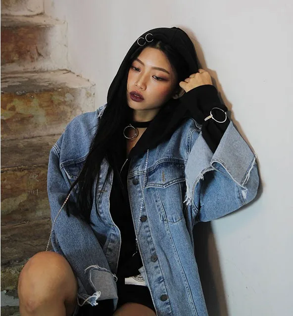 

new oversize denim jackets women personality harajuku street hole denim jacket coat female oversize tear design cowboy coats