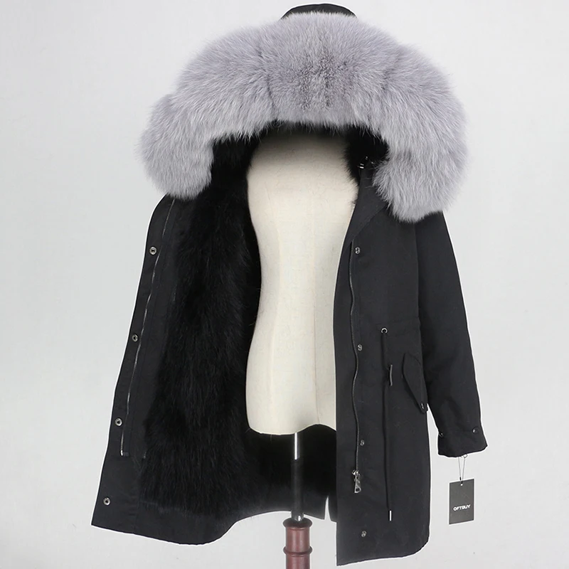 OFTBUY пальто с натуральным мехом, зимняя куртка для женщин, натуральный Лисий мех, водонепроницаемая парка, съемная верхняя одежда, Толстая теплая уличная одежда, бренд - Цвет: black black grey D