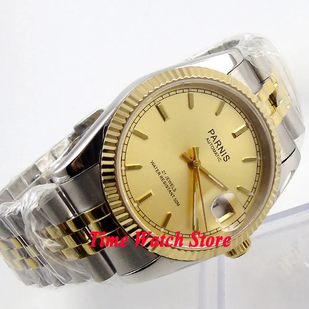 Мужские часы Parnis 36 мм с золотым циферблатом и отметками автоматическим