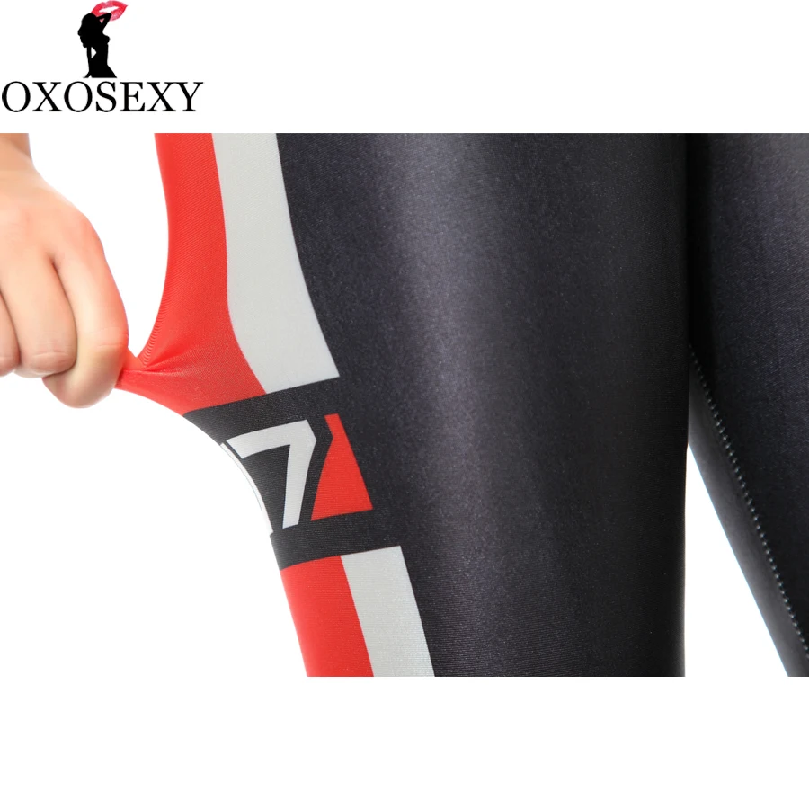 Женские леггинсы с принтом N7 красные в полоску эффектом Mass Effect женские для