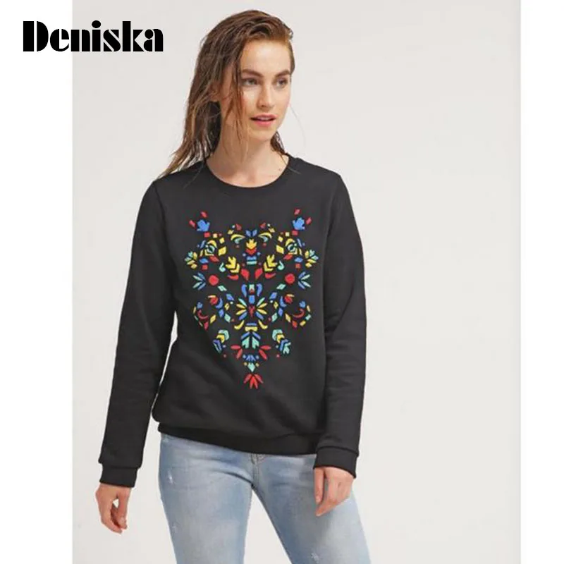 Красочные Вышивка Для женщин толстовка осень Толстовки повседневные с круглым