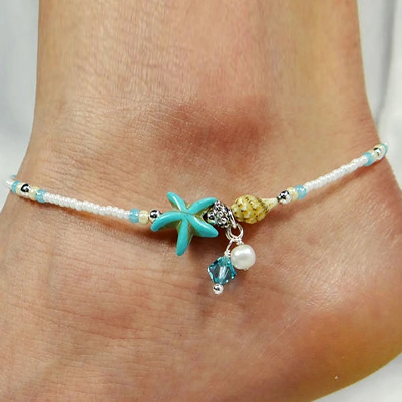 Браслет на ногу женский в богемном стиле анклеты с ракушками бусинами морскими