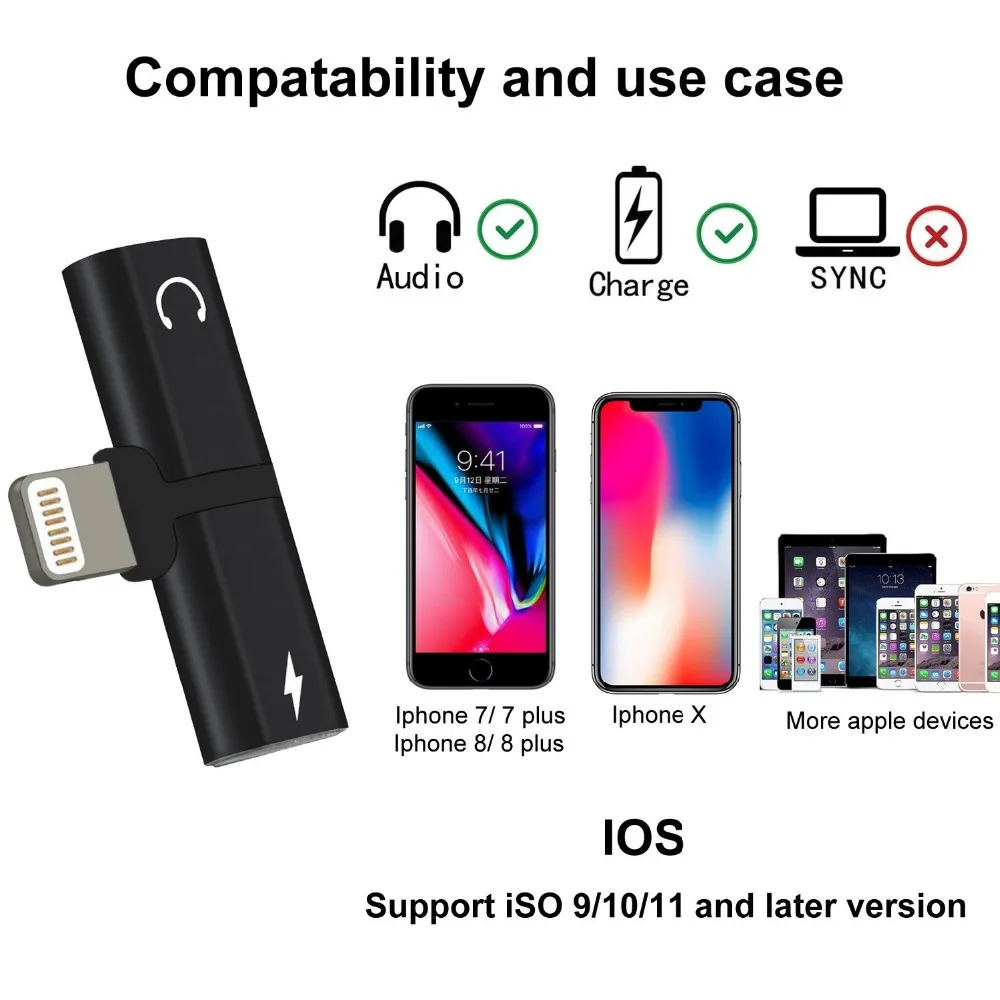 Двойной адаптер с разъемом Lightning для наушников аудио и зарядки iPhone 7/8/iPhone X