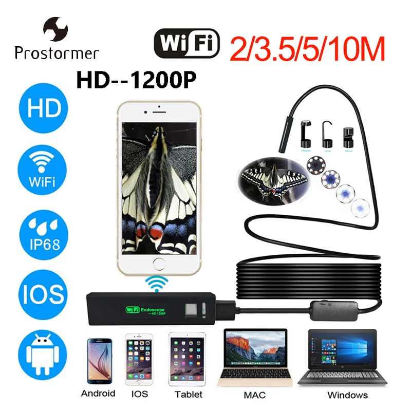 PROSTORMER 8 мм Wifi эндоскоп камера 1200P жесткий бороскоп для iphone Android Phone 2 3,5 5 10M Водонепроницаемая Инспекционная камера