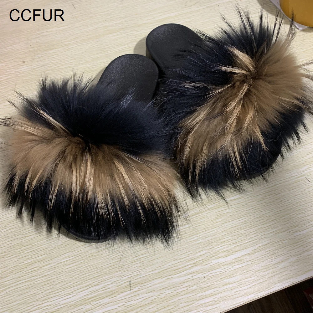 CCFUR New Colors Summer Slides Women's Real Fox Fur Slippers Fluffy Fur Sliders Mixed Color Fashion Lady S6048