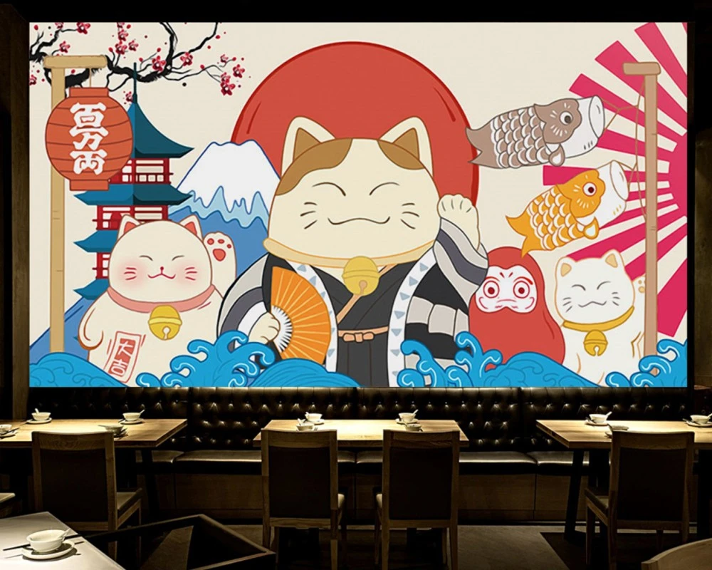 Японские расписные вручную обои Япония Lucky Cat Ukiyo E Ресторан Суши оснастка 3D