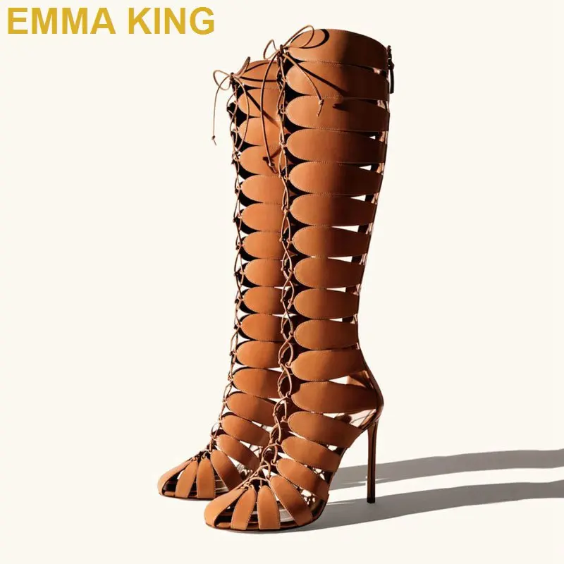 

Brown PU Leather Knee High Sandals Boots Summer Women High Heels Shoes Cut-out Gladiator Sandals Lace Up Ladies Sandals Shoes