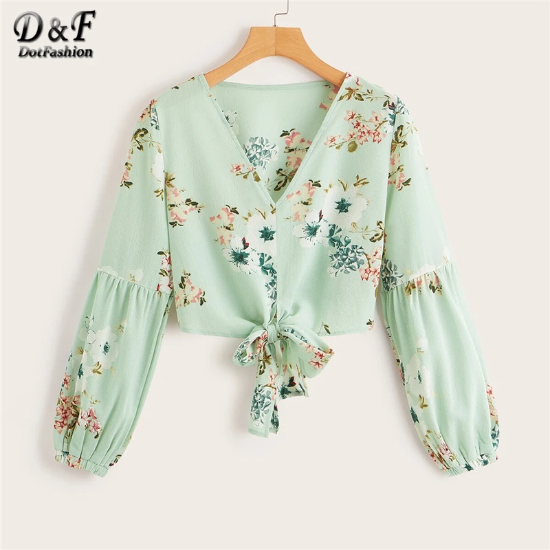 Dotfashion, зеленая женская блузка с цветочным принтом и узлом,, Boho, летняя, с v-образным вырезом, с рукавом Бишоп, корейская мода, весенние женские топы