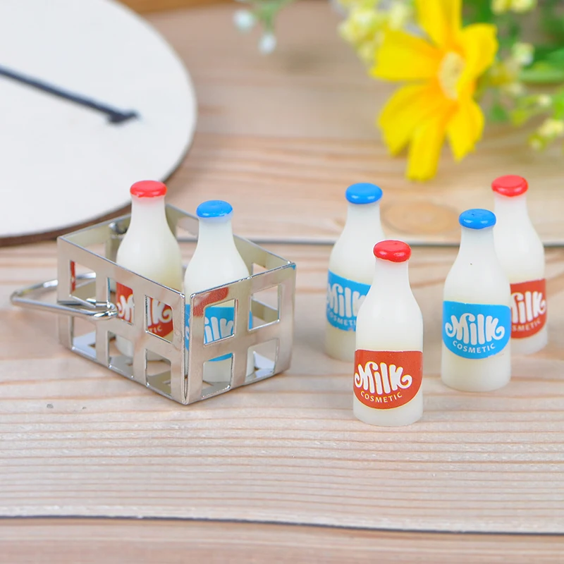 

1/12 Dollhouse Furniture Miniature Metal Milk Basket with 7pcs Bottles Set Dolls House Kitchen Porch accessories Decor
