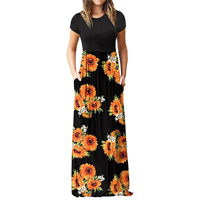 Women Elegant Dress 2019 Summer Boho Floral Stripe Short Sleeve O Neck Maxi Long Shift Dresses Office Lady Work Plus Size | Женская