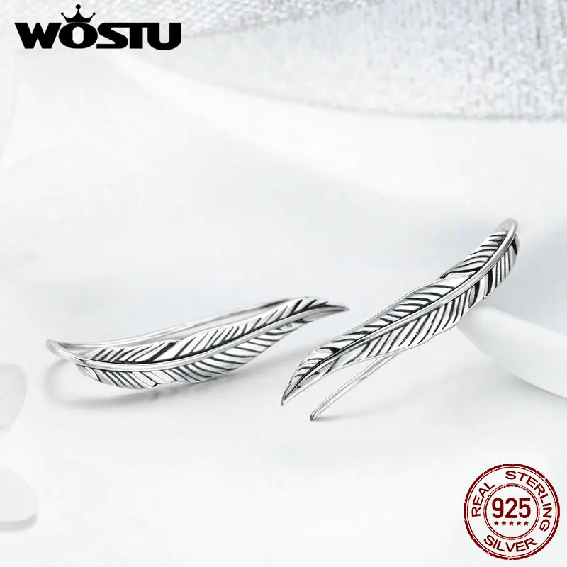 WOSTU романтические 925 пробы серебряные винтажные Ретро серьги-гвоздики с перьями и крыльями для женщин Роскошные серебряные ювелирные изделия подарок CQE258