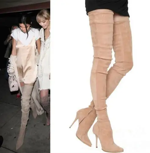 Сексуальные высокие сапоги выше колена облегающие эластичные Замшевые Кожаные