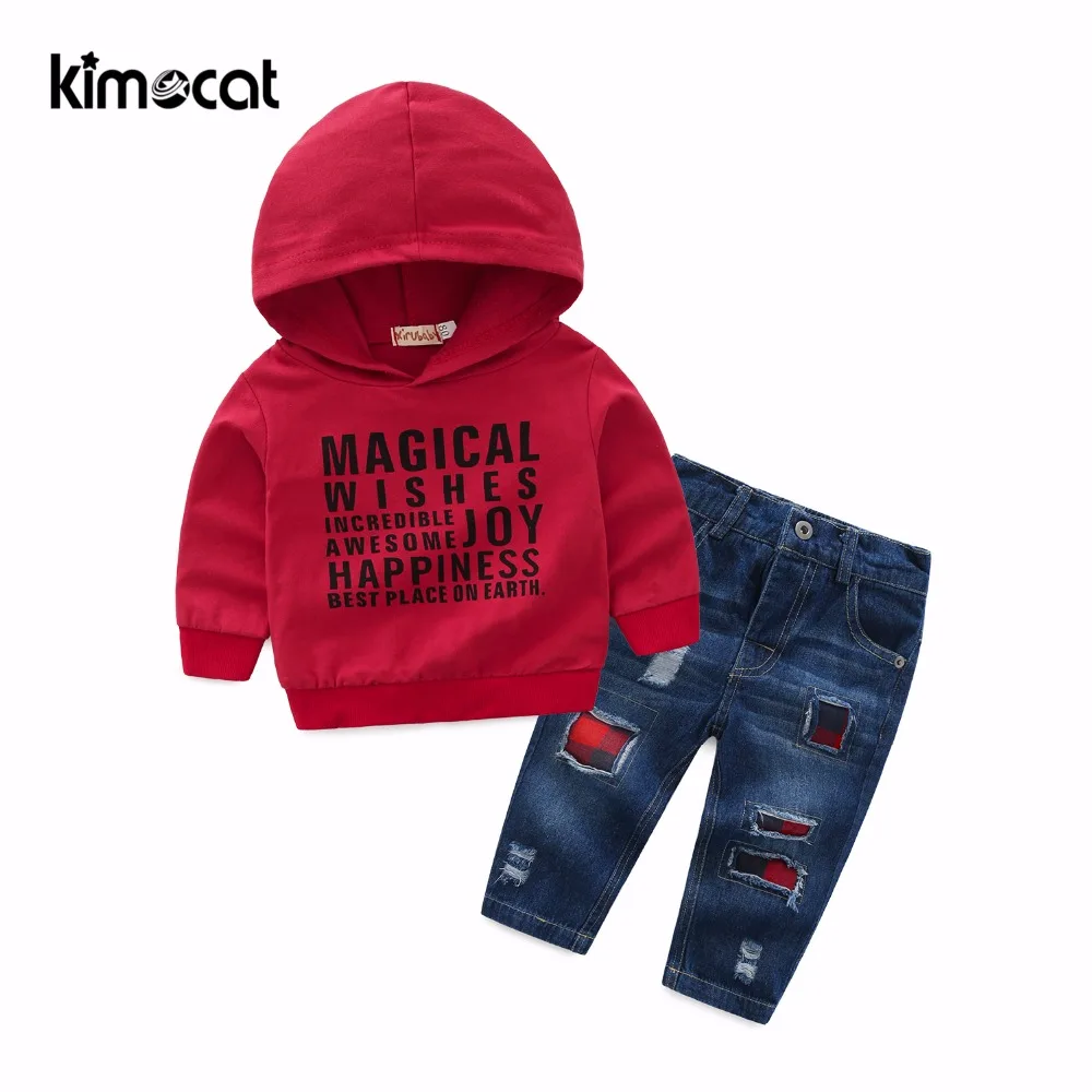 Пуловер с капюшоном и джинсами Kimocat для мальчиков весна-осень длинными рукавами