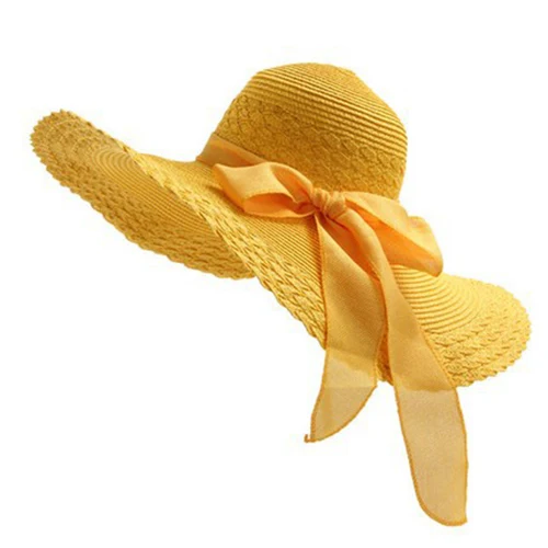 Lemon yellow Новинка, женские летние шляпы с широкими полями, пляжная шляпа для отдыха и отдыха, с бантом из ленты, соломенная шляпа с козырьком, Панама, женские кепки от солнца - Цвет: Lemon yellow