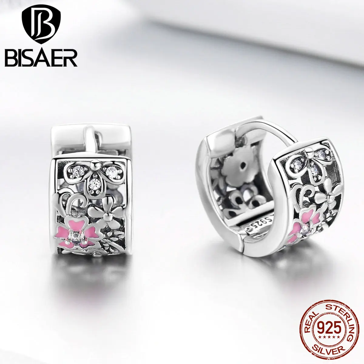 BISAER модные 925 пробы серебряные серьги в форме маргаритки гвоздики цветущая вишня